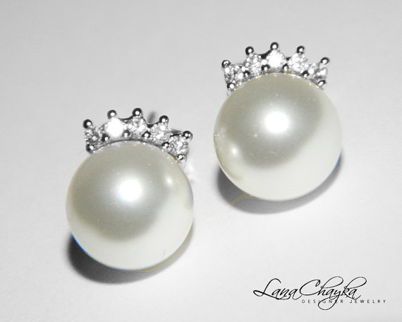 Mariage - White Pearl Stud Earrings Swarovski Pearl CZ Earrings Bridal White Pearl Wedding Earrings Pearl Studs Earrings Bridesmaids FREE US Shipping