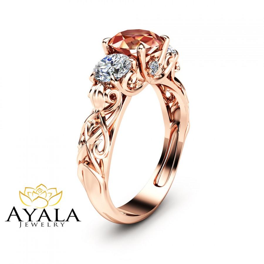 Mariage - Peach Pink Morganite Engagement Ring Unique Three Stone Engagement Ring in 14K Rose Gold Filigree Ring with Morganite and Moissanite