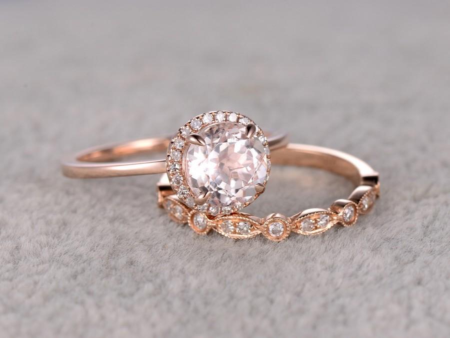 Wedding - 2 Morganite Bridal Set,Engagement ring Plain Rose gold,Diamond wedding band,7mm Round Gemstone Promise Ring,Claw Prongs,Pave Set,Art Deco