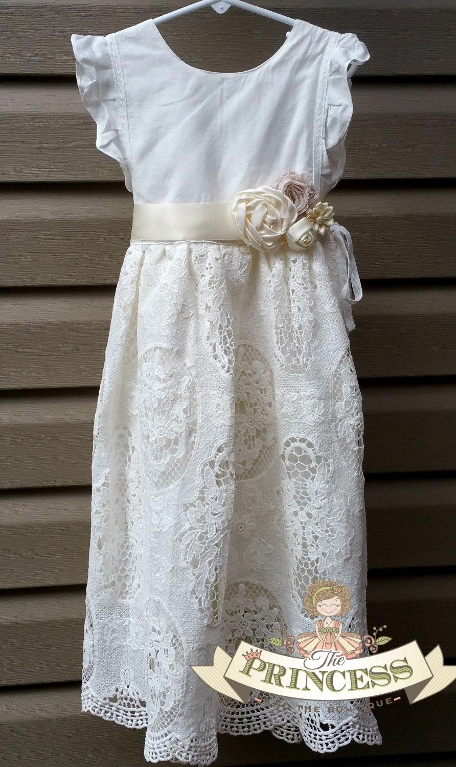 Mariage - vintage white flower girl dress, baby dress, vintage flower girl dress, lace dress, cream flower girl dress, champagne flower girl dress