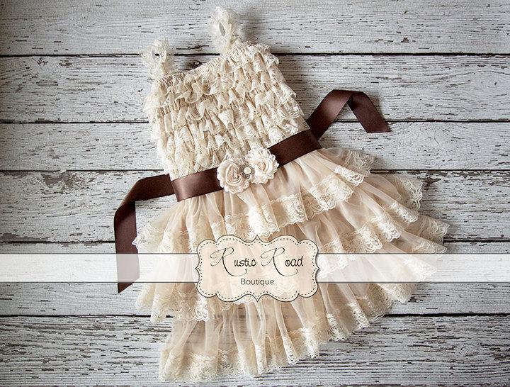 Mariage - Rustic Flower Girl Dress - Country Flower Girl Dress, Baby Girl Vintage Dresses, Ivory Flowergirl Dress, Lace Ruffle Dress CHOOSE SASH COLOR