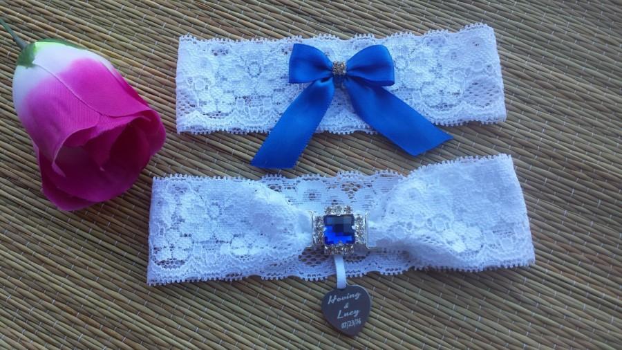 PERSONALISED BLUE AND WHITE WEDDING GARTER WITH HEART