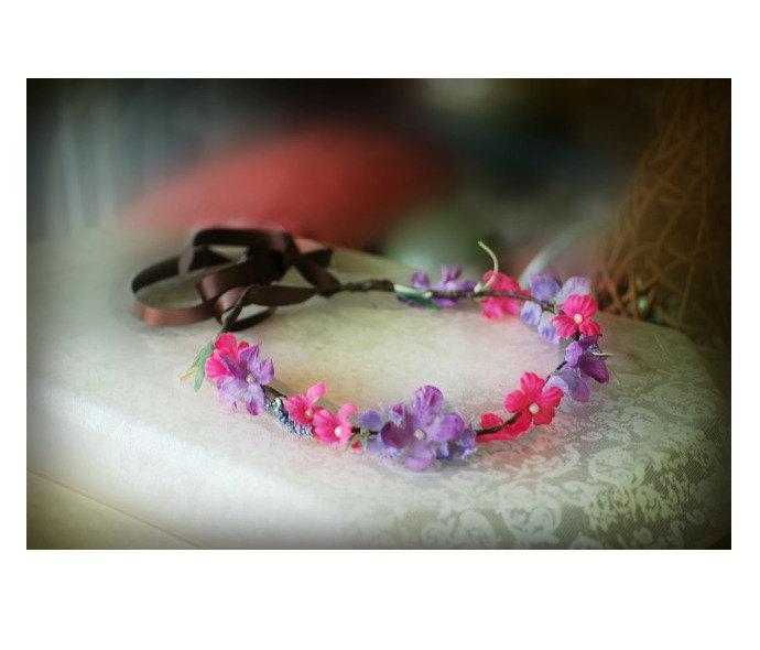 Свадьба - Flower Crown. Lavender Fuschia Hot Pink Purple Violet, Rustic Bridal Circlet, Bridal Woodland Wedding Wreath, Bride Garden Floral Head Piece