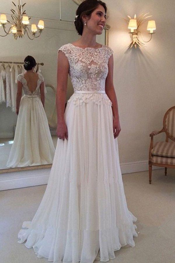 Hochzeit - A-line Lace Top Backless Long Beach Wedding Dress Ball Gowns WD021