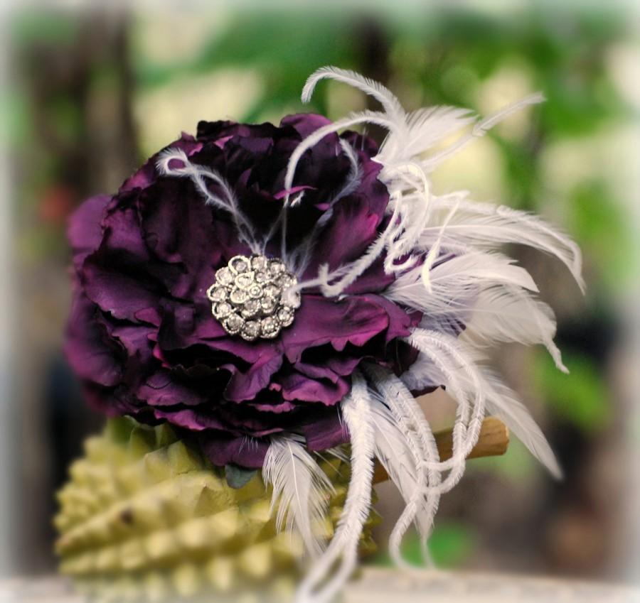 Mariage - Hair Clip, Comb, Barrette Aubergine - Eggplant Purple, Red, Amethyst Flower. Fascinator Bride Bridal Bridesmaid, Rhinestone Crystals Pearls