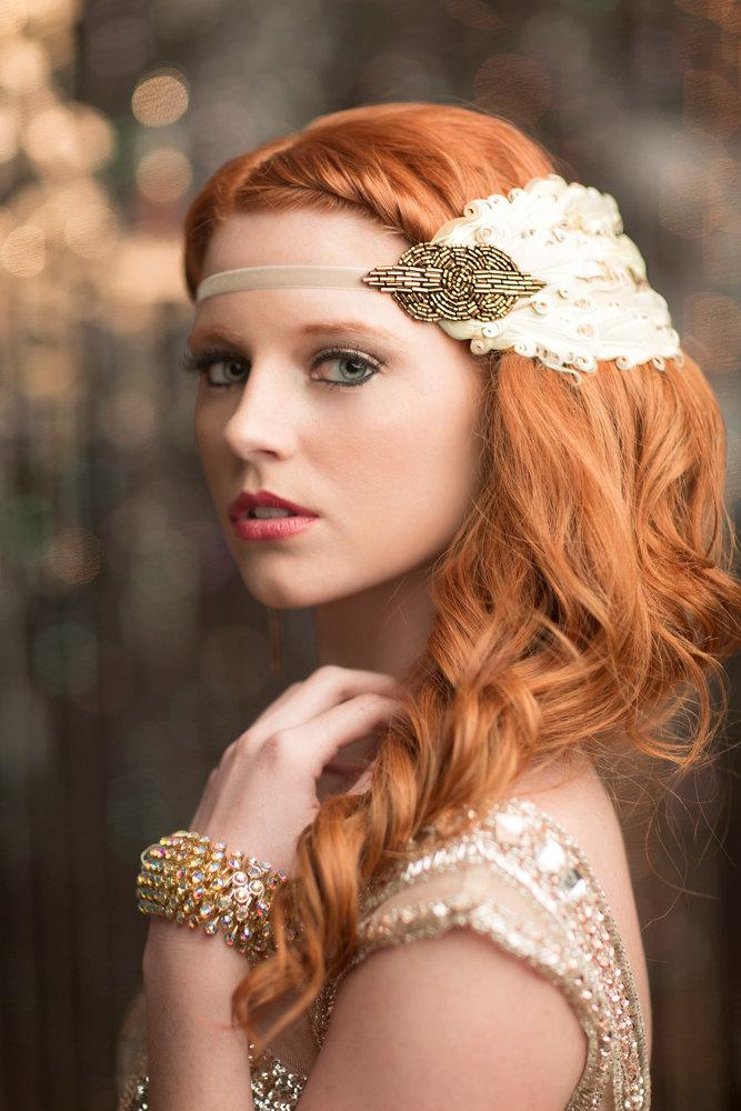 زفاف - Art Deco Headpiece Roaring 20s Great Gatsby Flapper Girl Fascinator Bronze Gatsby Party New Years Eve Headband, Flapper Headpiece, 