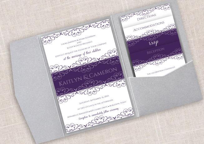 Mariage - Pocket Wedding Invitation Template Set - DOWNLOAD Instantly - EDITABLE TEXT - Lace Love (Eggplant)  - Microsoft Word Format