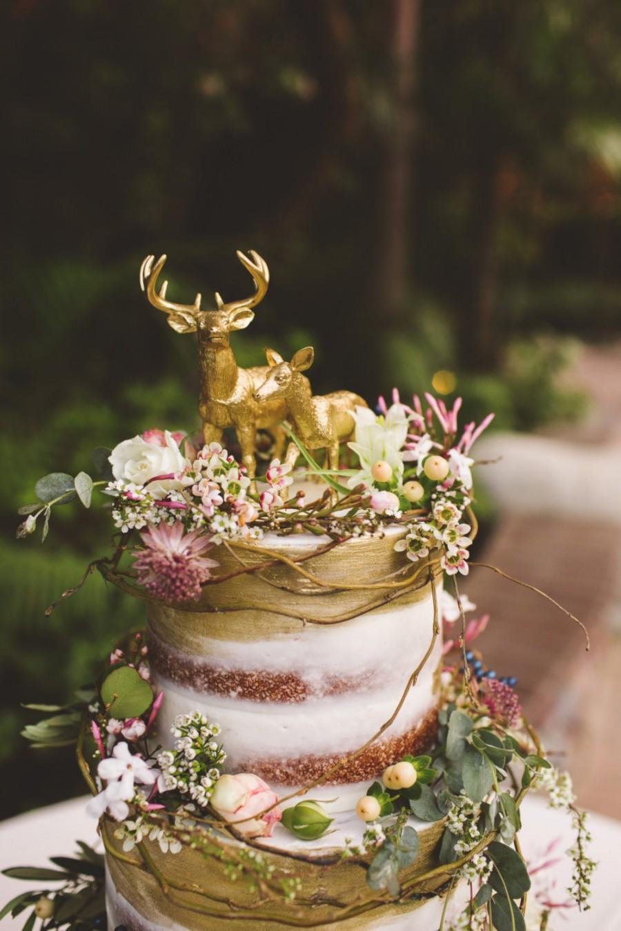 Hochzeit - Metallic Gold Deer Cake Topper - Buck and Doe Pair