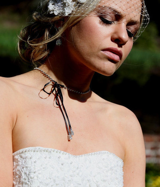 Wedding - Bridal back necklace choker drop bow with crystals