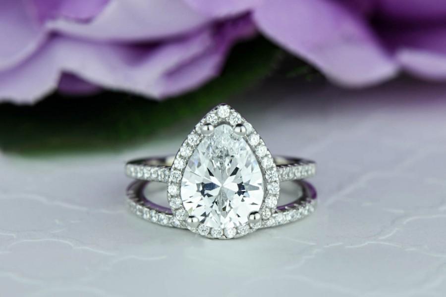 زفاف - 2.5 ctw Classic Pear Cut Halo Bridal Set, Halo Engagement Ring, Man Made Diamond Simulants, Half Eternity Ring, Sterling Silver, Gatsby Ring