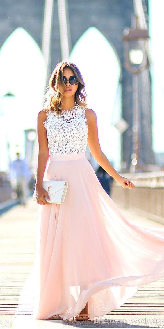Wedding - White Lace Pink Chiffon Bridesmaid Dress