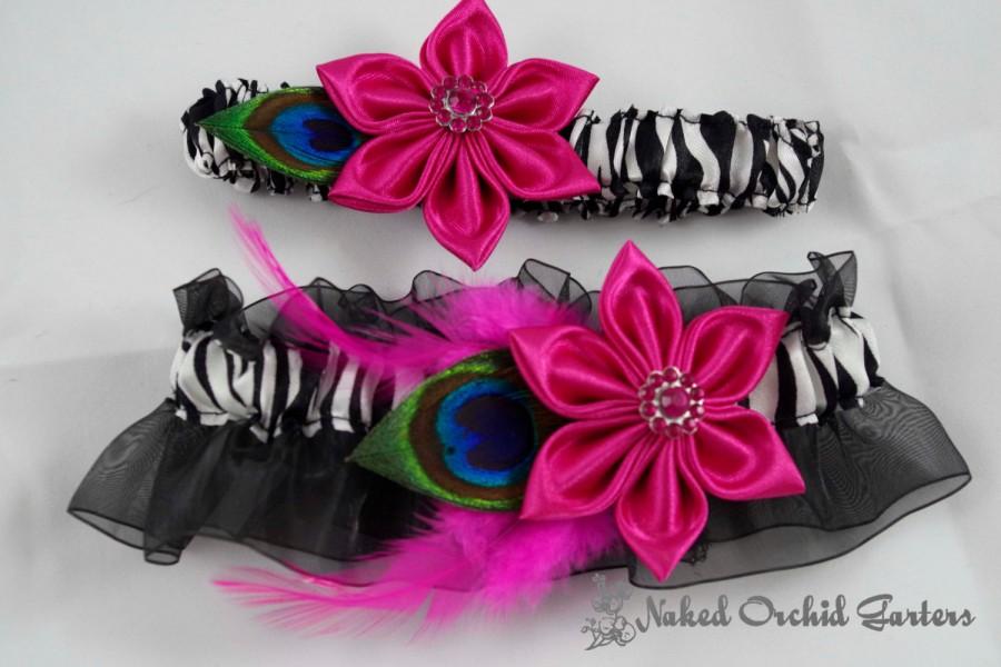 Hochzeit - Hot Pink Wedding Garter Set, Peacock Garter, Zebra Bridal Garters, Fuchsia Pink Kanzashi Flower, Pink Prom 2016 Garter