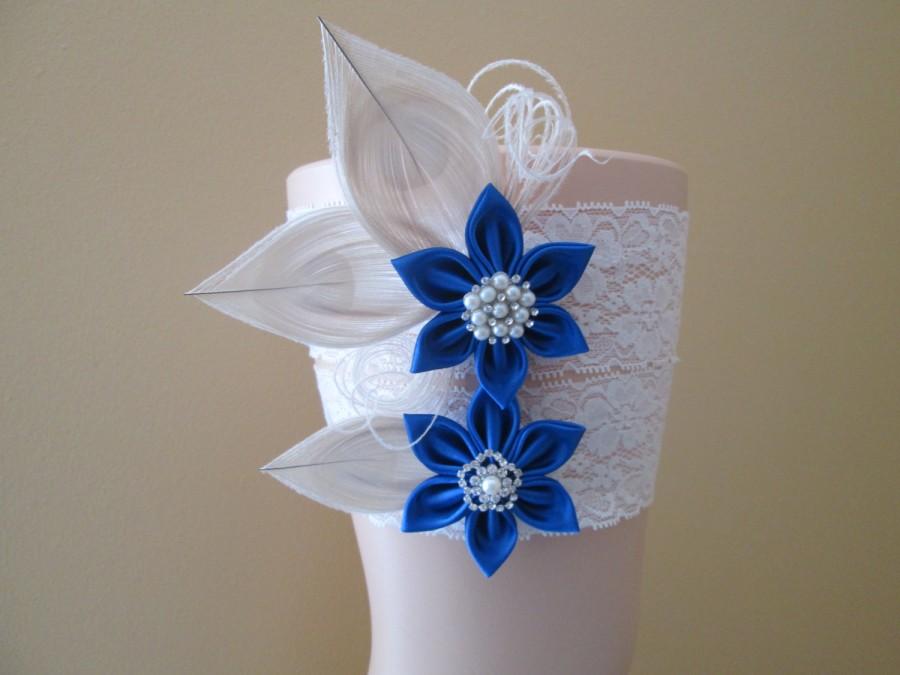 Свадьба - Royal Blue Wedding Garter Set, Champagne Peacock Garters, Rustic Ivory Bridal Garter, Something Blue, Gatsby- Rustic- Country Bride