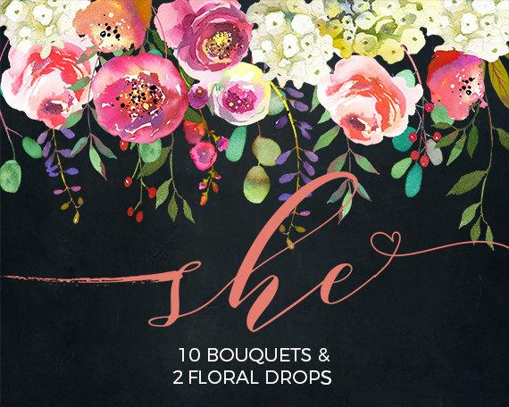 Hochzeit - Pink Peach Flowers Peonies Roses Watercolor Clipart White Hydrangea Wedding Clip Art PNG Floral Bouquets Sprays DIY Printable Invitation