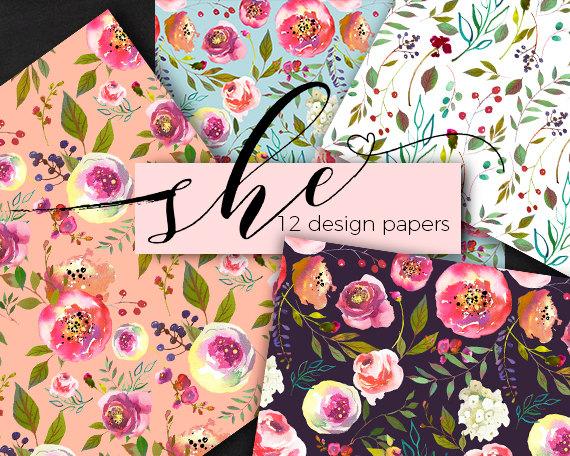 Mariage - Pastel Floral Digital Paper Watercolor Flower Seamless Pattern Design Background Instant Download Watercolor Roses Peonies Commercial Use