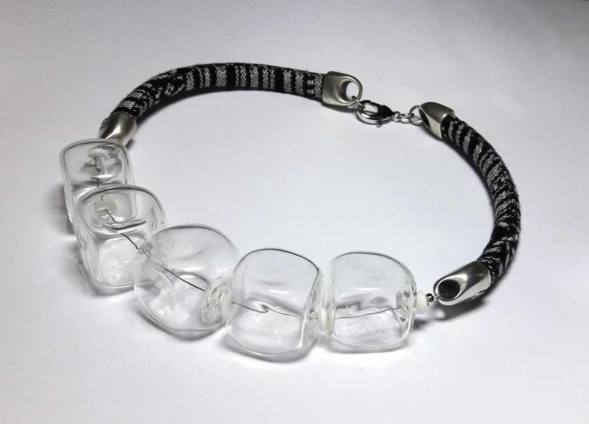 Hochzeit - Beaded Jewelry Handmade Lampwork Necklace. Hollow balls. Beads black, white, transparent. Cotton cord.