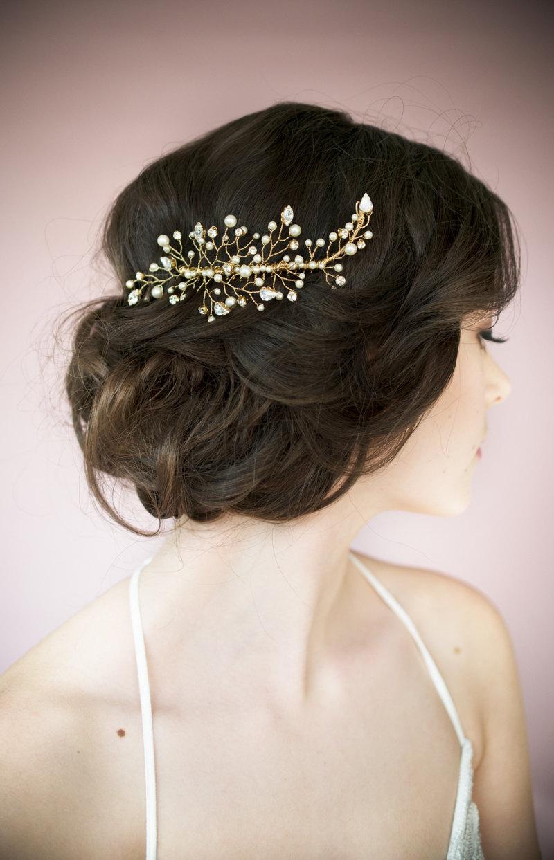 زفاف - Gold Hair Comb, Gold Headpiece, Crystal Comb, Pearl Comb, Twig Comb, Bridal Comb, Pearl hairpiece, Bridal accessory, gold headpiece, KATYA
