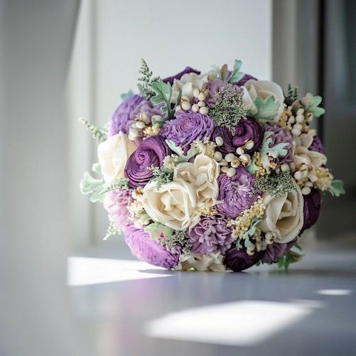 زفاف - Alternative Bridal Bouquet - Luxe Collection Bridal Bouquet- Purple, Sola Flowers, Dusty Miller
