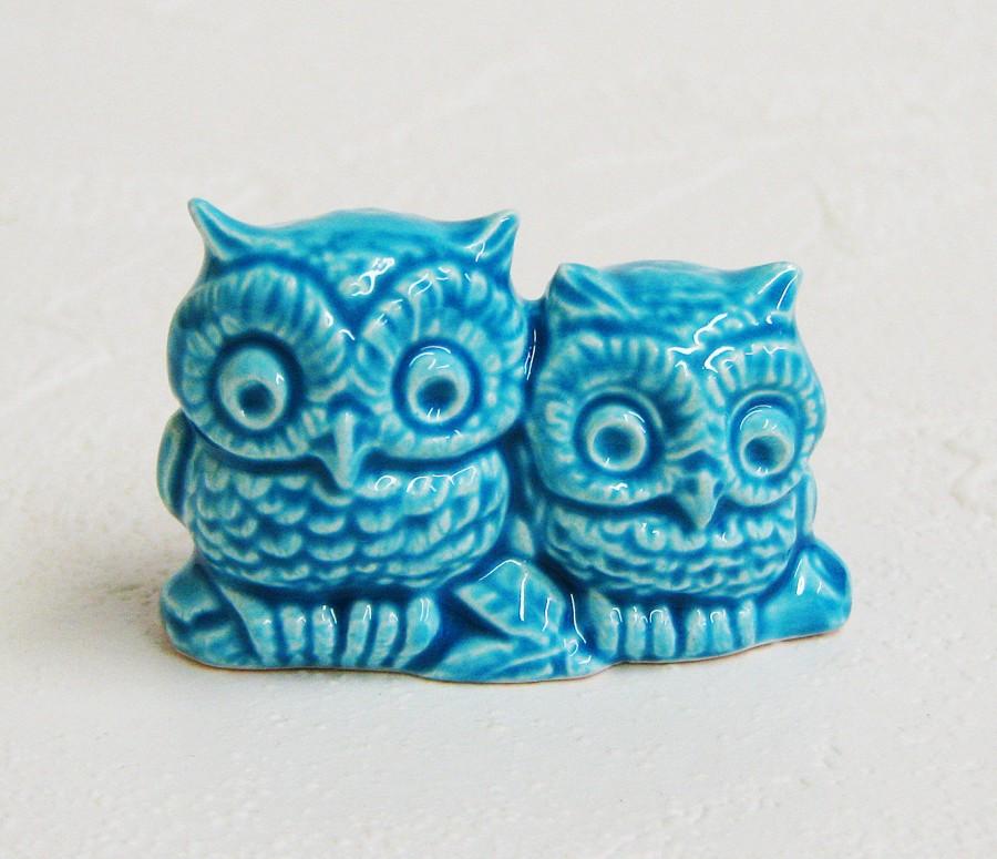 زفاف - Retro Aqua Owl Bird Figurines Miniature Ceramic Wedding Cake Toppers - Made to Order