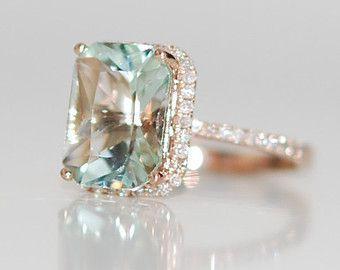 زفاف - 2.67ct Seafoam Blue Green Aquamarine Halo Diamond Ring Emerald Cut 14k Rose Gold Engagement Ring