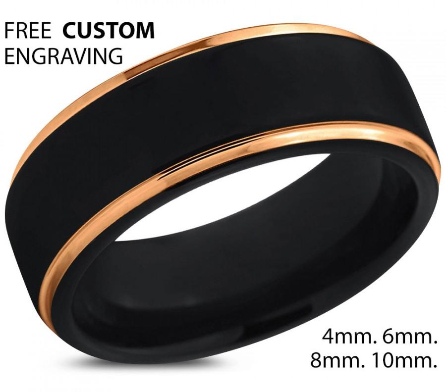Свадьба - Black Tungsten Ring Yellow Gold Wedding Band Ring Tungsten Carbide 8mm 18K Tungsten Ring Man Wedding Band Male Women Anniversary Matching