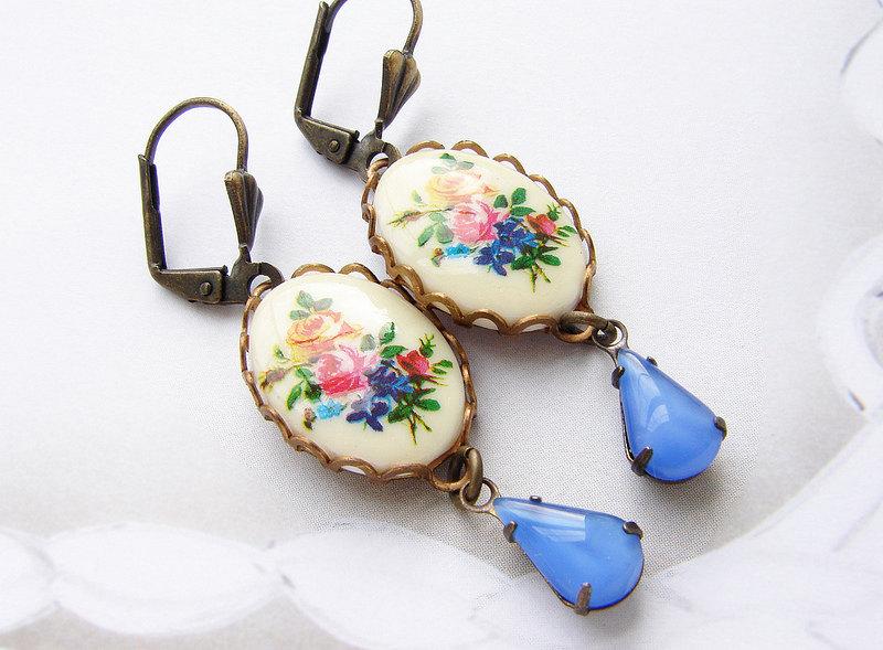 Mariage - vintage cameo blue drop earrings, bridesmaid jewelry, drop earrings, vintage rose cameo vintage sapphire periwinkle blue bridesmaid earrings