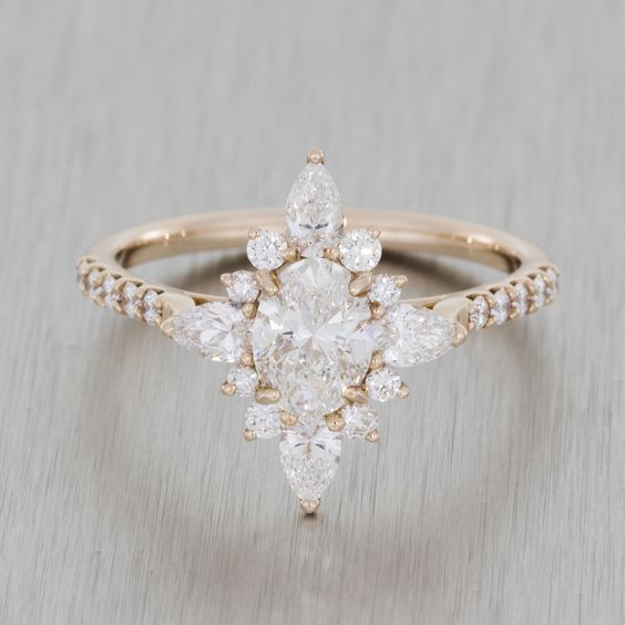 Hochzeit - Rose Gold Vintage Ballerina Engagement Ring. Marquise Oval Diamond With Hidden Peak Stone, Fishtail / Scallop Setting.