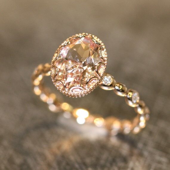 Hochzeit - Floral Morganite Engagement Ring In 14k Rose Gold Diamond Pebble Band 8x6mm Oval Pinkish Peach Morganite Wedding Ring (Bridal Set Available)