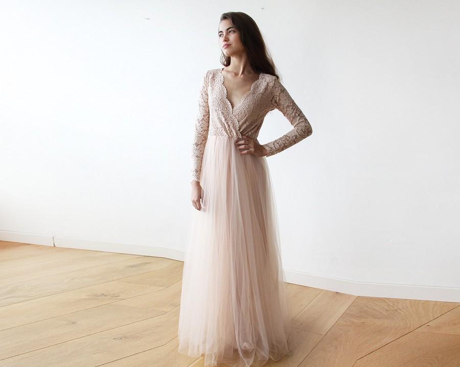 زفاف - Blush tulle and lace long sleeves gown, Tulle and lace pink dress 1125