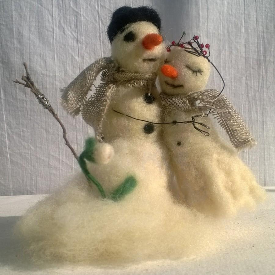 زفاف - Wedding cake topper Felt snowman melting under sun Felting Dolls Christmas gift Figurines Couple in love Waldorf sculpture Anniversary gift