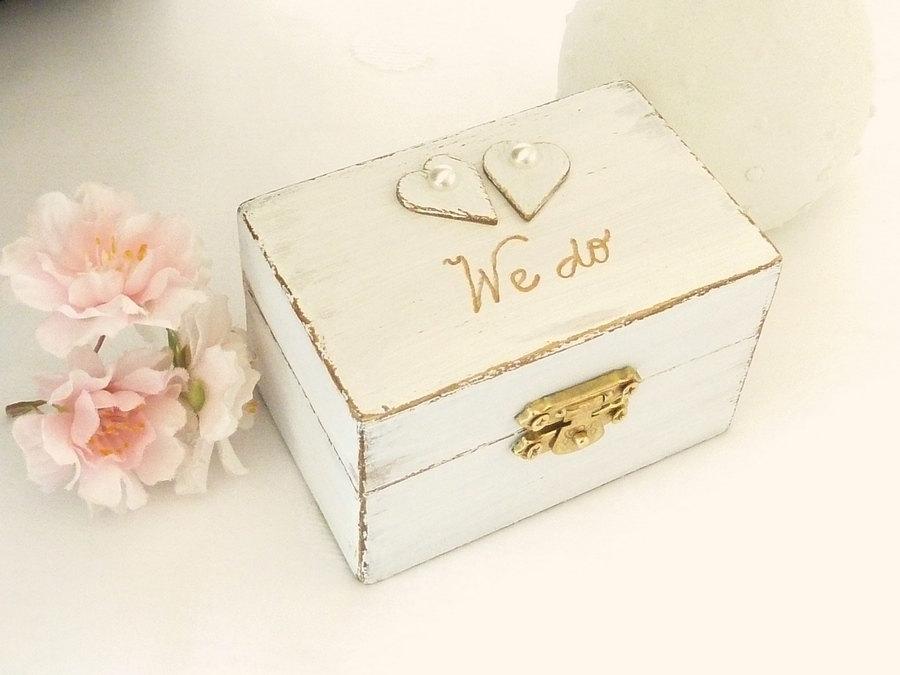 Свадьба - Rustic Chic Wedding Ring Bearer Box Ring Pillow, We do White Wedding Ring Box with Hearts Personalized Wedding Ring Holder Engagement