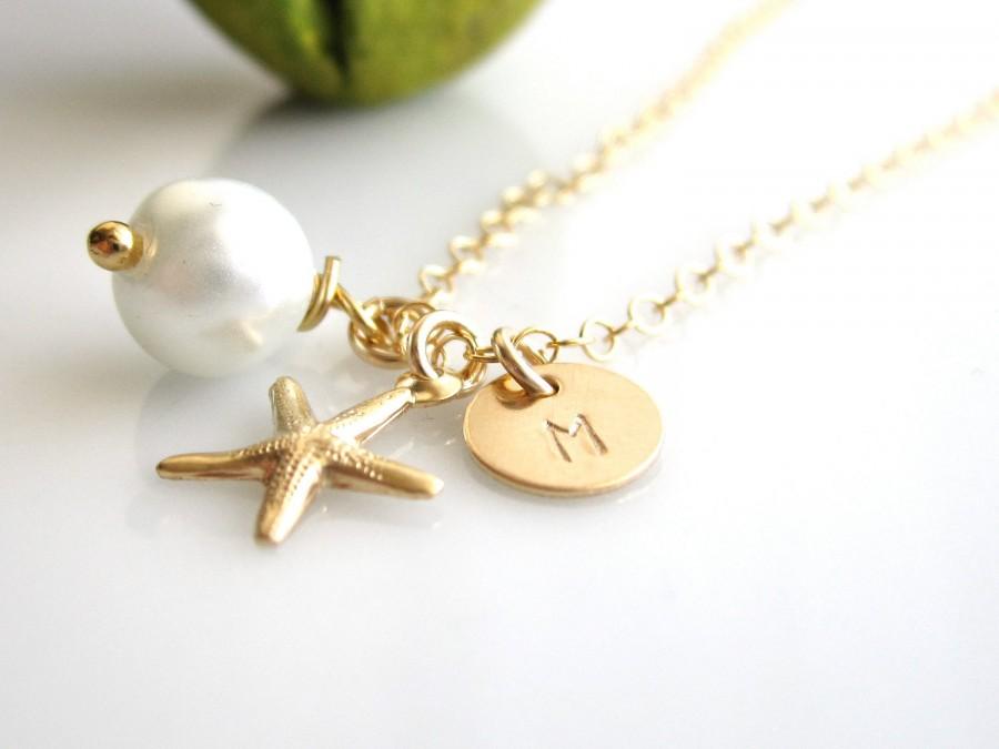 Hochzeit - TINY 14K Gold Filled Starfish Charm with Pearl Necklace / Initial Necklaces /bridal shower / Wedding Necklace/ Beach Wedding Jewelry / Gift