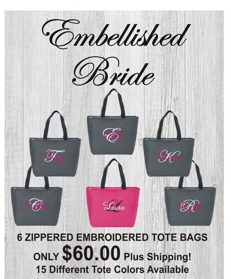Mariage - Set of 6 Personalized ZIPPERED Embroidered Tote Bags Bridal Party Bridesmaid Gift