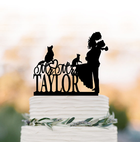 Wedding - bride and groom Wedding Cake topper with dog and cat, silhouette wedding cake topper. unique personalized wedding cake topper initial