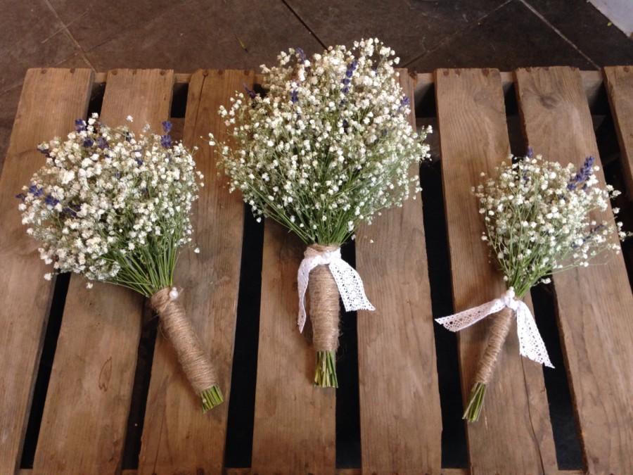 Hochzeit - Bridal Bouquet Dried Gypsophila Baby's Breath English Lavender Rustic Wedding Bride Bridesmaids Flowergirl