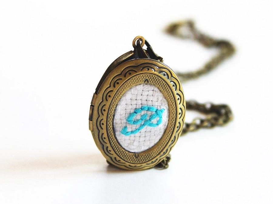 Hochzeit - Aqua Blue Necklace Initial Monogram Locket, Cotton Anniversary Gift, Something Blue Bride, Personalized Mother Wedding Embroidery Jewelry
