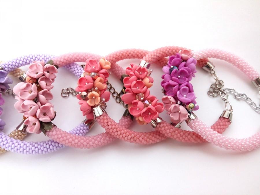 Wedding - Multicolor flower bracelet polymer clay crochet rope bracelet gentle gift for her unusual casual bracelet spring summer bracelet romantic