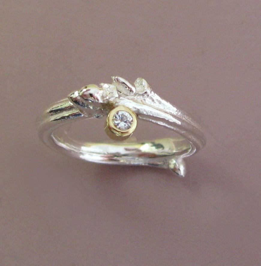 Hochzeit - Oak Moissanite Twig Engagement Ring - Sterling Silver and 18k Gold
