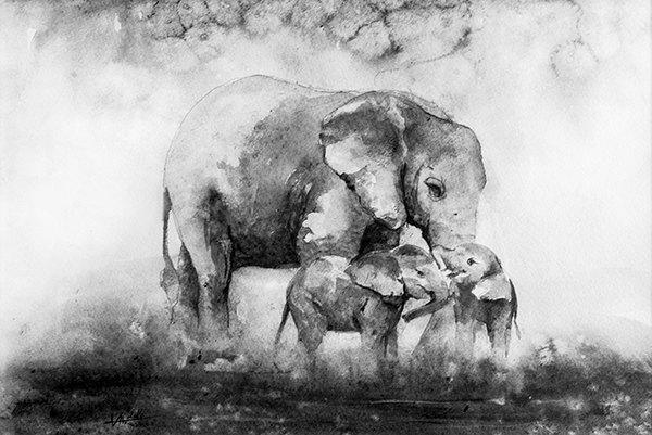 Wedding - Watercolor Elephant family, Wall Art Decor, Family illustration, Watercolor Print, Handpainted Print, baby elephant