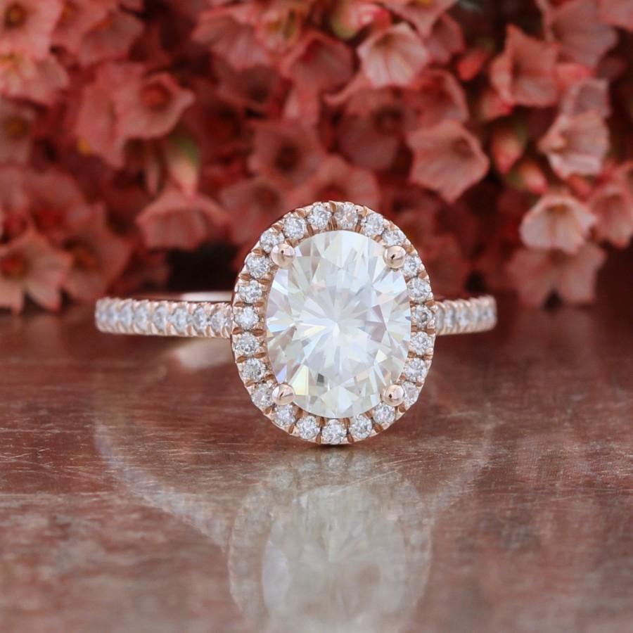 Hochzeit - Rose Gold Forever Brilliant Moissanite Engagement Ring in 14k Halo Diamond Wedding Band 9x7mm Gemstone Ring (Bridal Wedding Set Available)