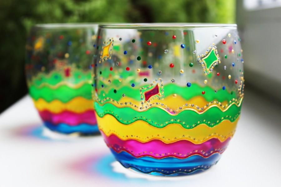 Wedding - Set of 2 Waves Whiskey Glasses Hand Painted glasses Rainboow Colorful Drinking Glasses Valentines Day Green yellow red blue glasses whiskey