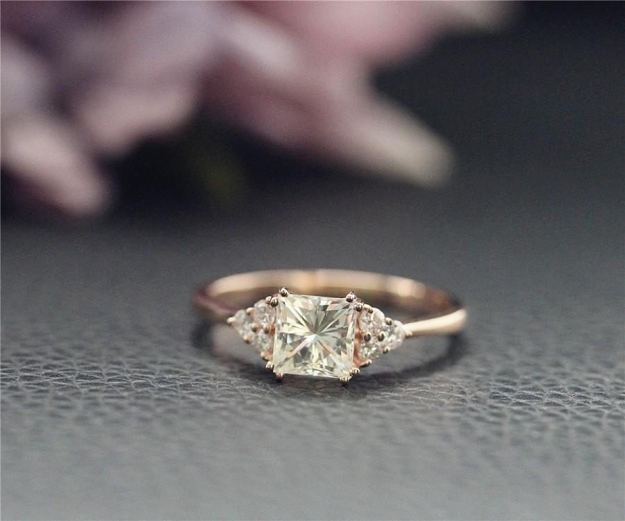 زفاف - 5.5mm Charles & Colvard Princess Moissanite Ring, CC Forever Classic Stone Ring,  Engagement Ring, Solid 14K Rose Gold Ring,Diamonds Paved