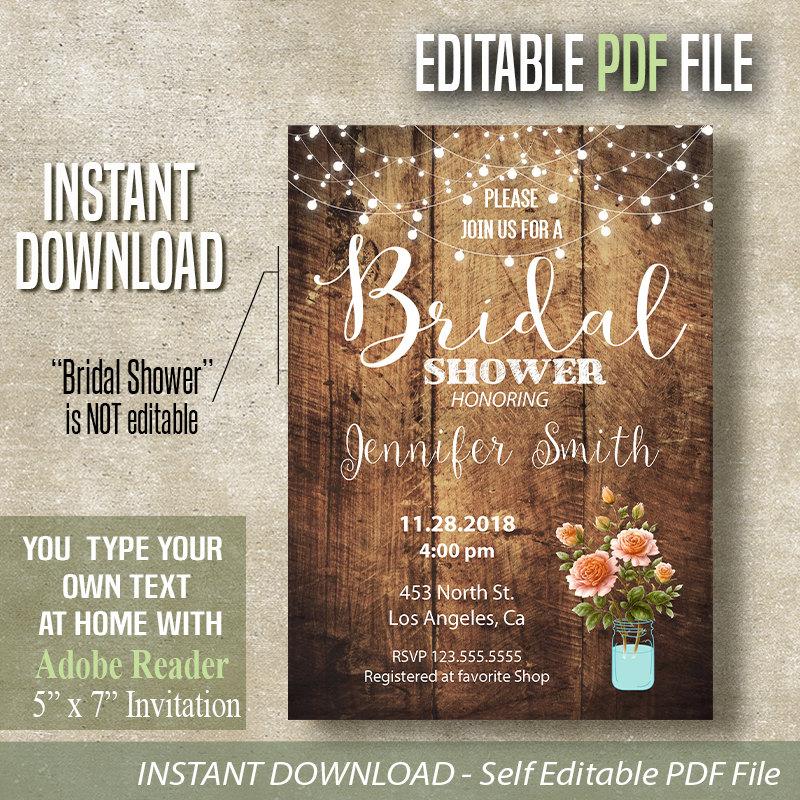 Wedding - Bridal Shower Invitation, Instant download, Rustic invite, instant download editable PDF file A448