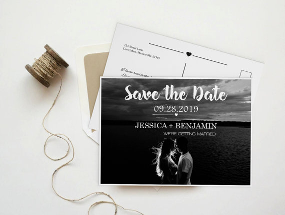 Mariage - Save The Date Photo Postcard, Brush Calligraphy Script & Heart Line, Printable Photo Save the Date Card, Custom Save the Date, DIY Printable