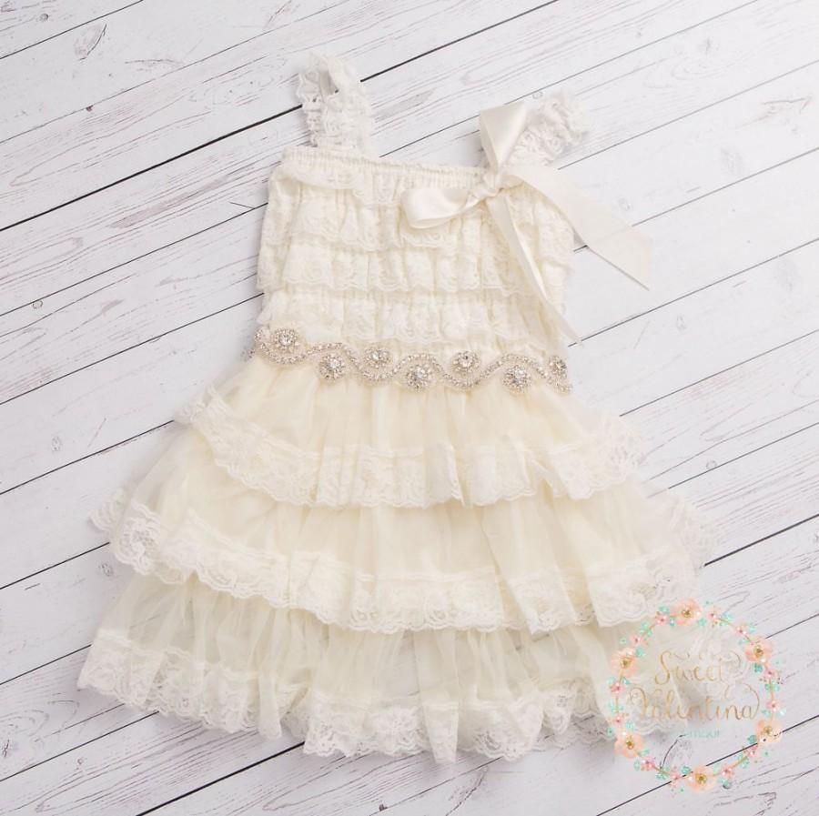Mariage - Ivory lace flower girl dress, rustic flower girl dress,country lace flower girl dress, Ivory lace dress, Baptism dress, flower girl dresses.