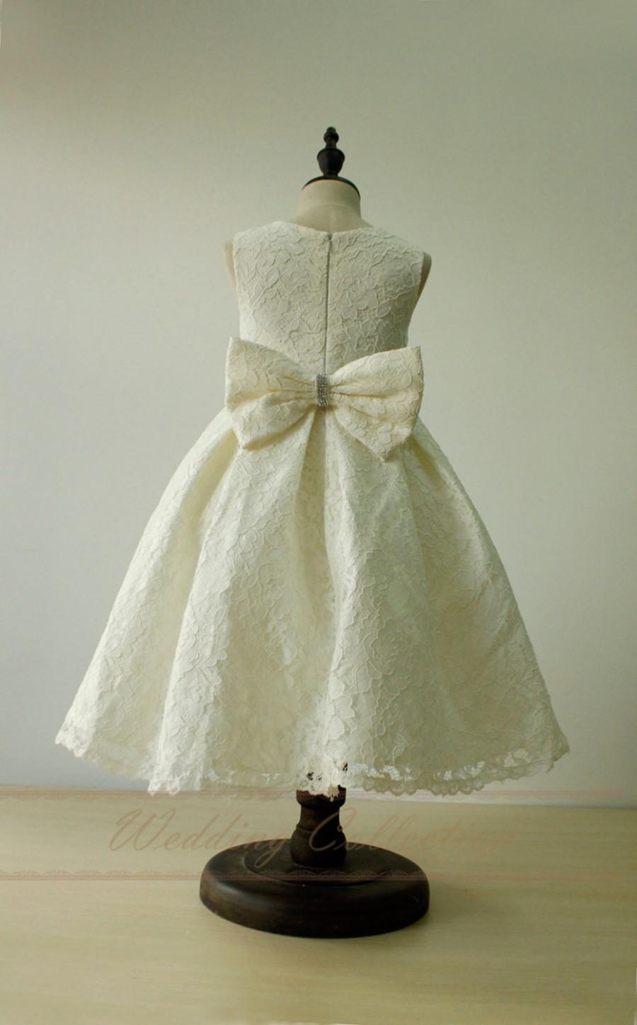 Wedding - Lace Flower Girl Dress with Elegant Bow High Neck