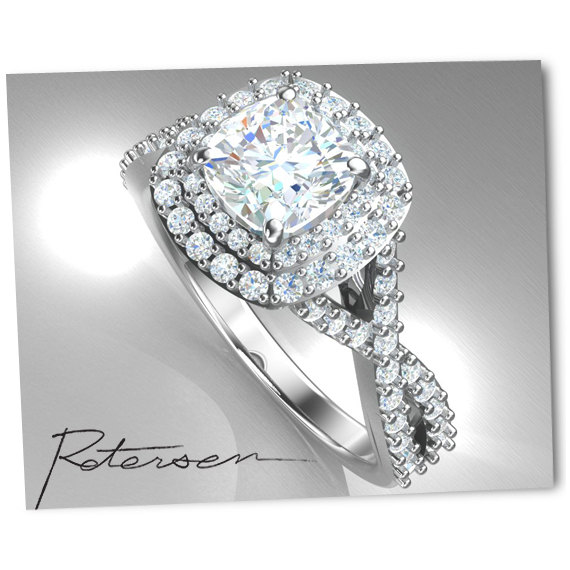 زفاف - Double Square Halo Ring-Split Shank Engagement Ring-Brilliant Cut Diamond Simulants-Bridal Ring-Solid Sterling Silver