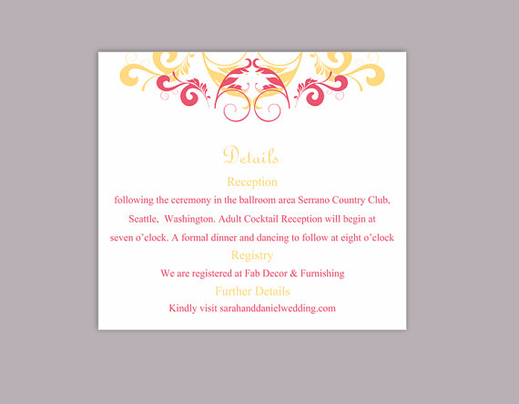Hochzeit - DIY Wedding Details Card Template Editable Text Word File Download Printable Details Card Yellow Pink Details Card Elegant Enclosure Cards