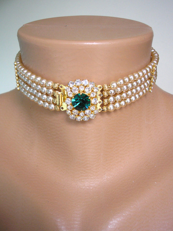 Mariage - Emerald Bridal Choker, Great Gatsby, Pearl Choker, Bridal Jewelry, Pearl Necklace, Pearl And Emerald Necklace, Art Deco Statement