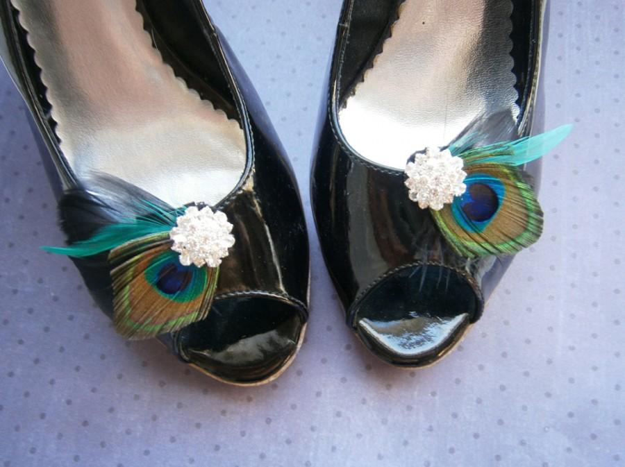 Hochzeit - Shoe clips, Peacock shoe clips, Bridal, Feather accessories, Wedding shoe clips, black, teal, aqua, turqoise, green, emerald - PEACOCK BLACK